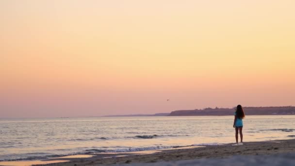 Chica Caminando Olas Agua Mar Playa Atardecer Hermoso Vista Posterior — Vídeo de stock