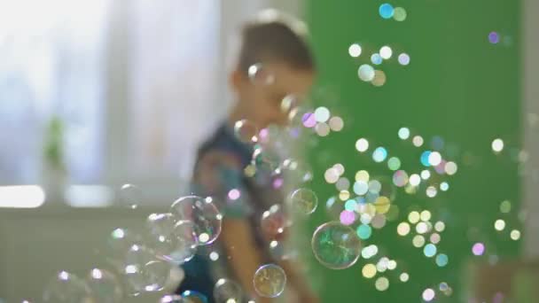 Kleurrijke Bellen Vliegen Kamer Wazige Achtergrond Veel Zeepbellen Een Jongen — Stockvideo