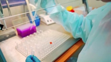 Laboratuvarda kan örneği toplamak için vakum tüpleri. Araştırma laboratuarında elinde kan tüpü testi tutan teknisyen.