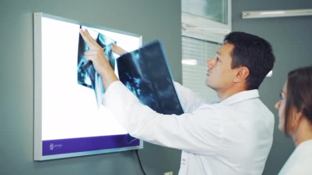 Médecin Masculin Analysant Les Rayons Médecin Examinant Radiographie Pulmonaire Patient — Video