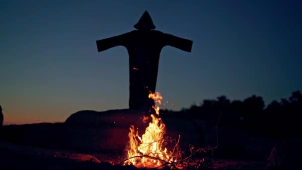 Vrăjitoare Neagră Manta Timpul Ritualului Lângă Foc Conceptul Halloween — Videoclip de stoc