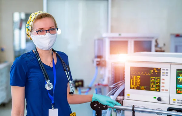 Artificial lung ventilation monitor in the intensive care unit. Nurse with medical equipment. Ventilation of the lungs with oxygen. COVID-19 and coronavirus identification. Pandemic.