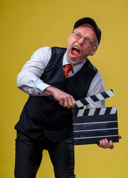 Man Holds Film Flap Male Cap Open Mouth Film Directing — Stock Photo, Image