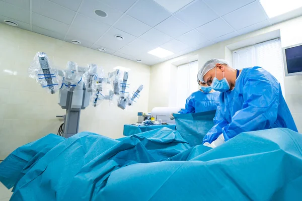 Modern surgical system. Medical robot. Minimally invasive robotic surgery. Medical background