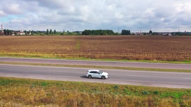 美しい白い車の道を移動します 曇りの空の下で田園地帯の背景に高速道路で運転する新しいオーディオのサイドビュー 空中風景 — ストック動画