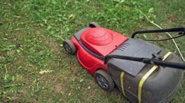 Elektrikli çim biçme makinesinin yakın çekimi. Kırmızı ve siyah kesme makinesi arka bahçedeki çimleri buduyor..