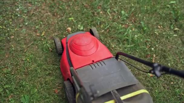 Rasenmäher Mähen Das Gras Freien Blick Von Oben Auf Den — Stockvideo