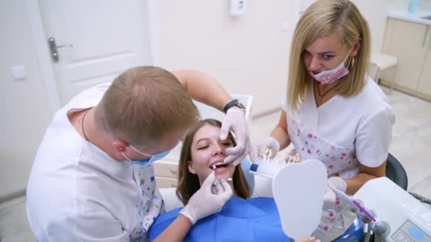 Conceito Odontologia Assistente Detém Dentes Artificiais Estomatologista Selecionando Implante Dentário — Vídeo de Stock