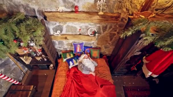 Santa Claus Sleeping Specially Decorated Room His Bed Holding His — Stock Video