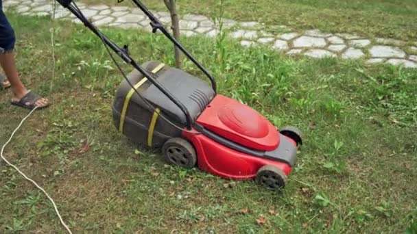 Boy Working Lawn Mower Electric Lawn Mower Cutting Grass Yard — Stock Video