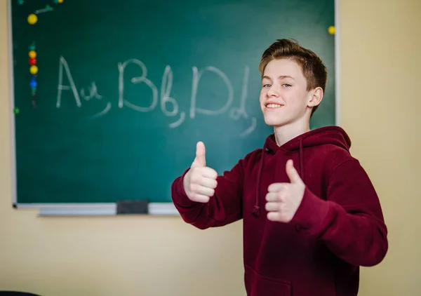 学校の教室で黒板の前に立っている学生少年 教育理念 — ストック写真