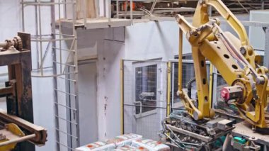 Yapay zekaya sahip mekanik robot taşıyıcıdaki çantaları ayırıyor. Çantaları halattan palete yerleştiriyorum. Süreç kapanışı.