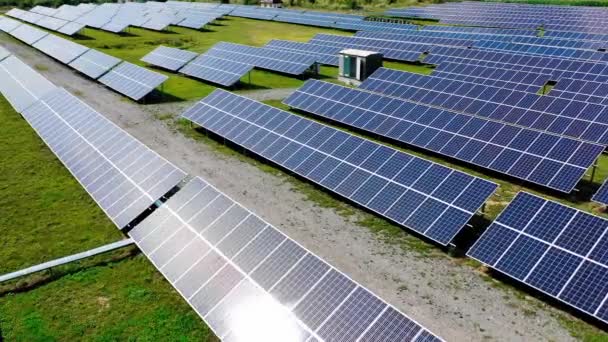 Güneş Panelleri Sıraları Sahadaki Fotovoltaik Güç Santralinin Üzerinden Uçmak Yazın — Stok video