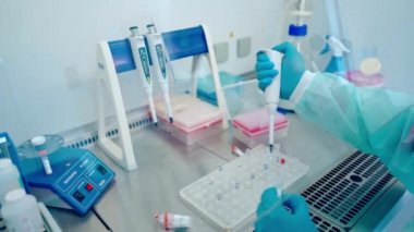 Laboratuvar asistanı şişelerle çalışıyor. Araştırma laboratuarında koruyucu eldivenli bir kadın test tüpünü sıvıyla dolduruyor..