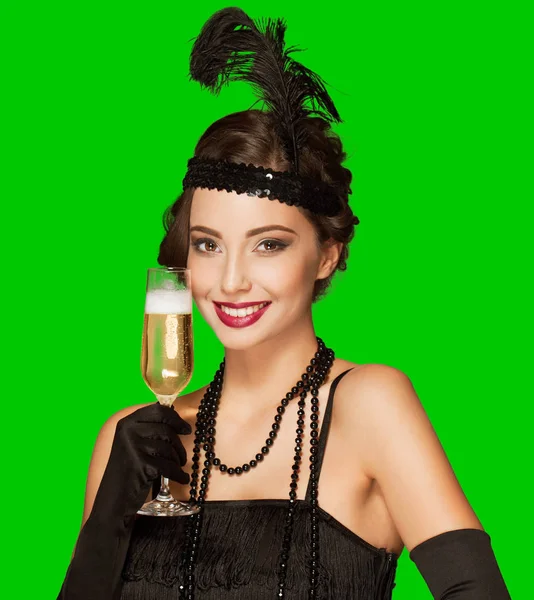 Art deco party girl on green screen background. — Stock Photo, Image