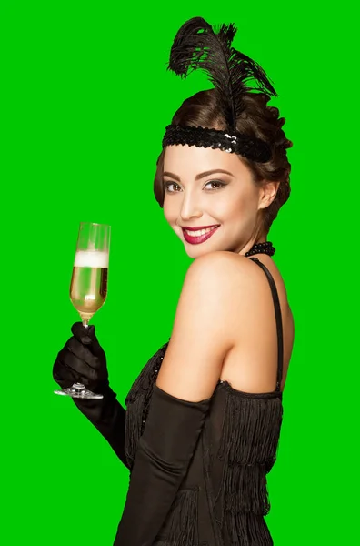Art deco party girl on green screen background. — Stock Photo, Image