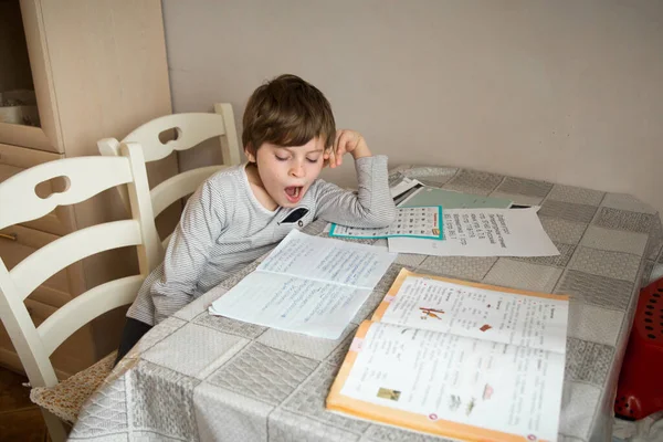 First Grader Boy Does His Homework Isolation — Stock Photo, Image