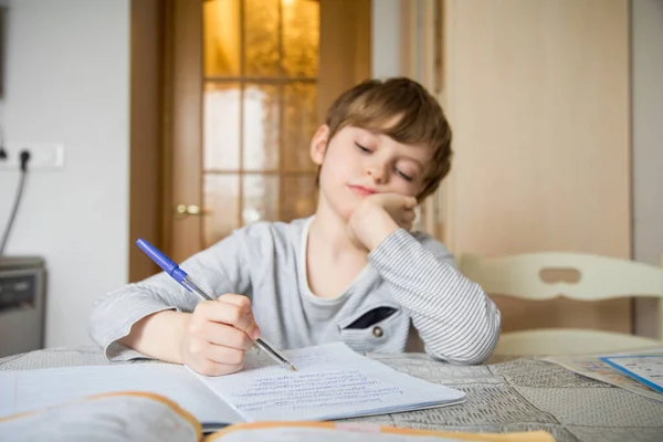 First Grader Boy Does His Homework Isolation — Stock Photo, Image