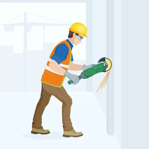 Byggnadsarbetare med ett verktyg i händerna — Stock vektor