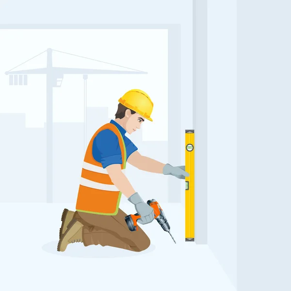 Trabajador de la construcción con una herramienta en sus manos — Vector de stock