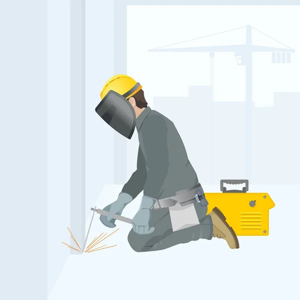 Soldador en el trabajo. Figura en overoles. Lugar de construcción — Vector de stock