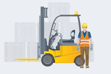 Elektrikli forklift. Modern ambar. Vektör çizim
