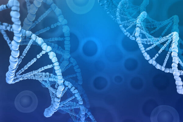 3D illustration of a DNA molecule. Investigation of cellular structure. Modern digital concept on a blue background