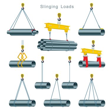 Proper use of slinging during the operation of a tower crane at the construction site. Slinging Loads. Set of vector illustrations on white background clipart