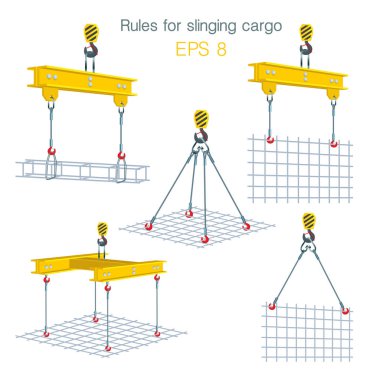 Rules for slinging cargo. Safety at the construction site. Lifting of building units. Set of vector illustrations on white background clipart