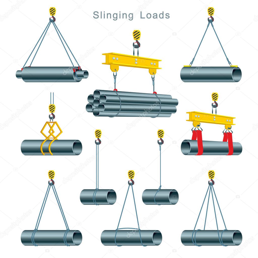 Proper use of slinging during the operation of a tower crane at the construction site. Slinging Loads. Set of vector illustrations on white background