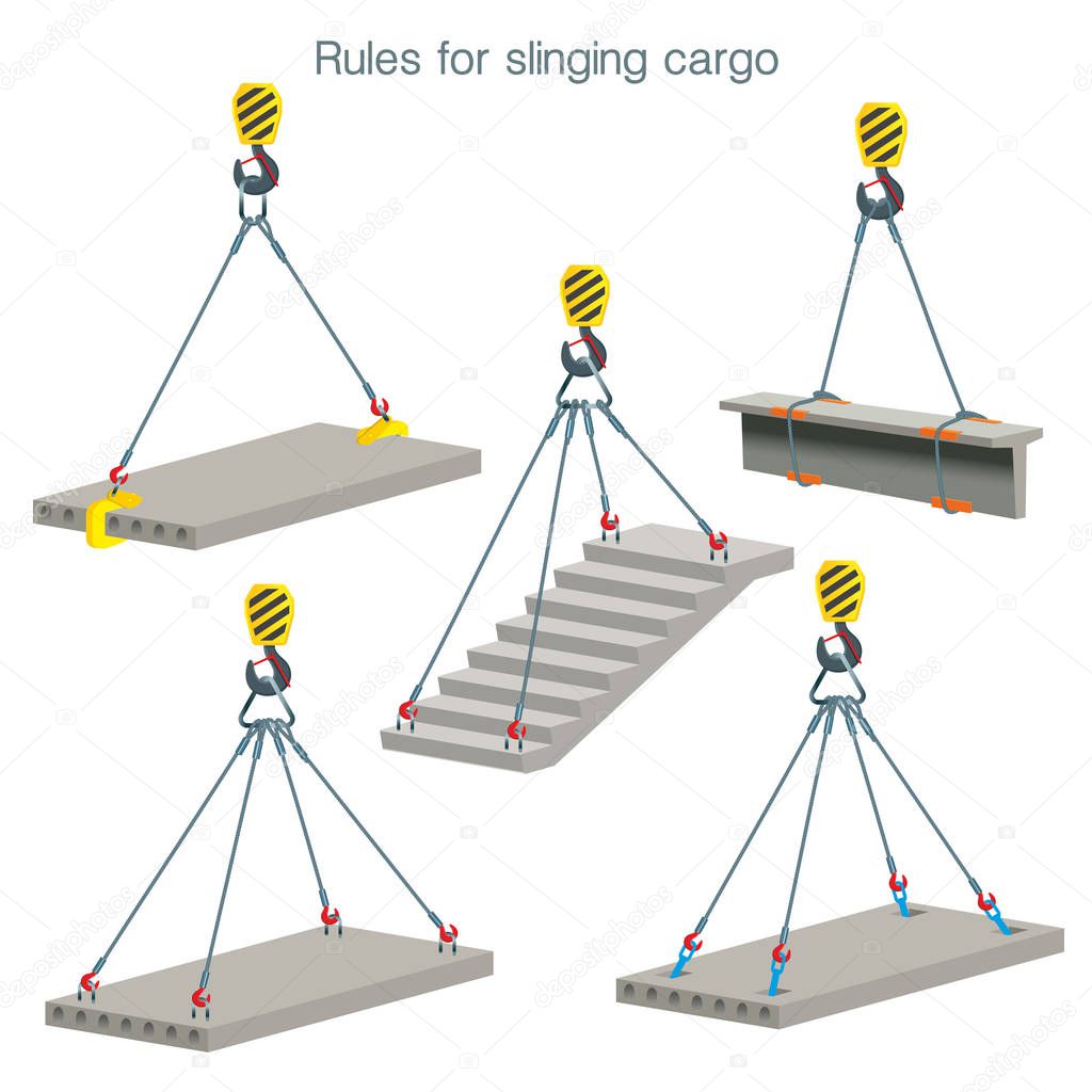 Rules for slinging cargo. Safety at the construction site. Lifting of reinforced concrete products. Set of vector illustrations on white background