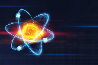 Atomun yapısı. Fütüristik konsept nanoteknoloji biliminde bir konu. Teknolojik bir arka plan üzerinde elektron çevrili bir atom çekirdeği