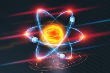 Atomun yapısı. Fütüristik konsept nanoteknoloji biliminde bir konu. Teknolojik bir arka plan üzerinde elektron çevrili bir atom çekirdeği