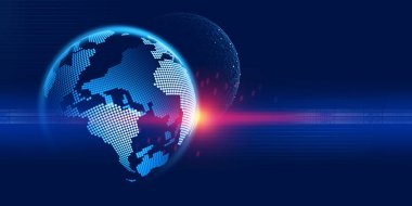 Genel ağ. Dijital dünya. Geleceğin bilgi teknolojisi. Nanoteknoloji alanında araştırma. 3D illüstrasyon koyu mavi zemin üzerine