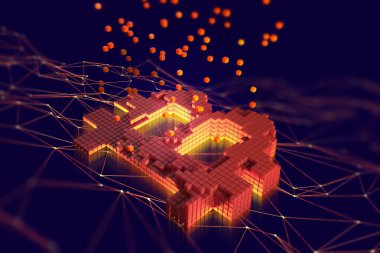 Blockchain konu Bitcoin 3d çizimi. Bitcoin sembolü ayrı yanan bloklarını oluşan araştırma cryptocurrency bir çokgen ağ fütüristik konsept arka plan üzerinde yer alır