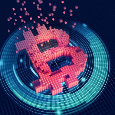 Bitcoin 3d çizim. Araştırma cryptocurrency fütüristik kavramı. Karanlık bir arka plan parlak piksel sembolü