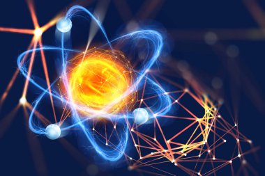 Atomun yapısı. Fütüristik konsept nanoteknoloji biliminde bir konu. Teknolojik bir arka plan üzerinde elektron çevrili bir atom çekirdeği