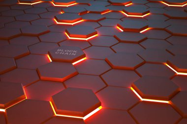 Blockchain. Yanan altıgenler uçağa düzenlenmiş oluşan fütüristik arka plan. Siber kavramsal 3d şekil üstünde belgili tanımlık konu. Blok Chaine teknolojisini kullanarak koruma ve veri aktarımı