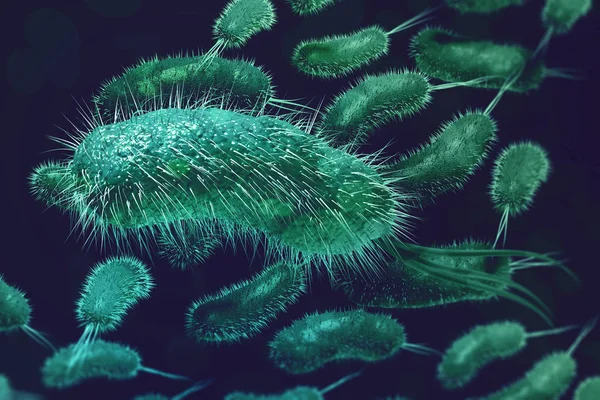 Microbes under a microscope. Viruses and microorganisms. 3d illustration on the topic of scientific research