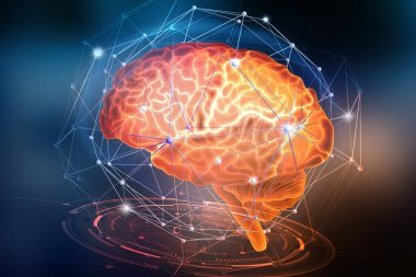 Yapay sinir ağı. İnsan beyin sinir hücreleri temel alan bilgisayar istihbarat. Modern tasarım konsepti yapay zeka bir konu. 3D çizim