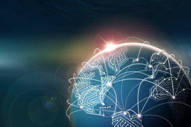 Küresel Internet. İletişim ve veri değişimi. Şafak gezegen ve çip kıta üzerinde. 3D çizim