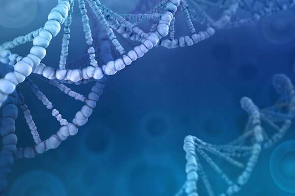 3D illustration of a DNA molecule. Investigation of cellular structure. Modern digital concept on a blue background