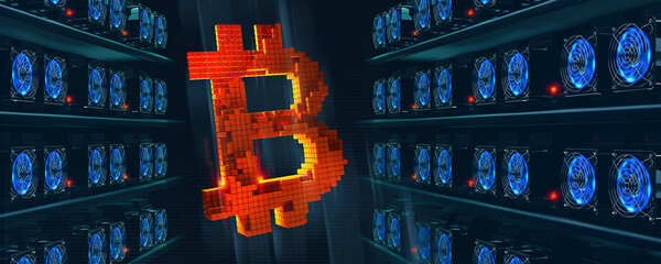 Bitcoin. Cryptocurrency mining farm. Blockchain technology. 3D illustration of abstract cyberspace