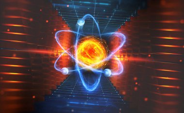 Yapay zekanın yaratılması. Hadronik çarpıştırıcı deneyleri. Atomun yapısının araştırılması. Bilimde yenilikçi bir buluşun 3 boyutlu illüstrasyonu