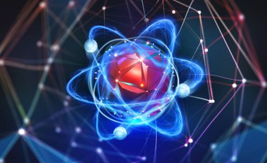 Atom yapısı. Fütürist bir kavram. Geleceğin nanoteknolojisi. Yapay zekanın sinirsel bağlantıları. Nano çekirdeğin soyut siber uzayda 3D çizimi