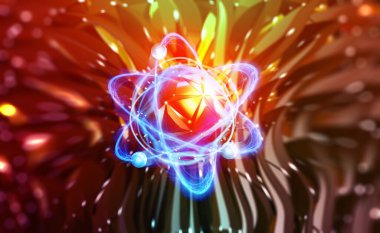 Atom yapısı. Fütürist bir kavram. Geleceğin nanoteknolojisi. Nano çekirdeğin soyut siber uzayda 3D çizimi