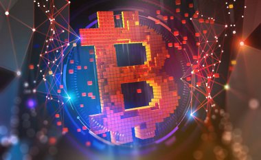 Bitcoin sembolü. Kripto para madenciliği kavramı. Teknolojik arka planda üç boyutlu illüstrasyon