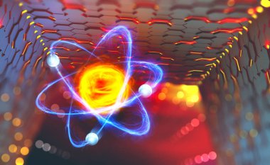 Atom reaktörü. Hadron çarpıştırıcısı deneyleri. Atomun yapısının araştırılması. Bilimde yenilikçi bir buluşun 3 boyutlu illüstrasyonu