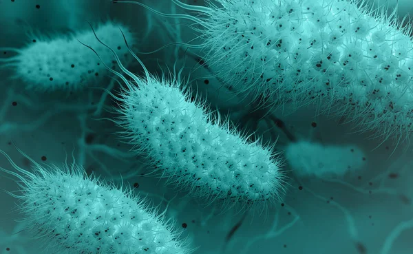 Microorganisms under microscope. Microbes, germs, bacteria, viruses, infection, bacilli 3D illustration. Probiotics. Intestinal bacteria, Gut flora