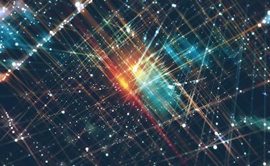 Soyut teknoloji geçmişi. Küresel iletişimde gelecek teknolojileri. Kuantum bilgisayarının geometrik yapısı. 3B illüstrasyon